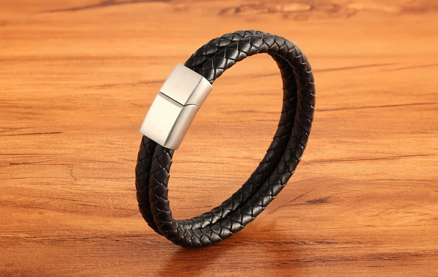 XQNI 11.11 Double Leather Combination Men's Stainless Steel Bracelet Three Color Button Selection Fashion Gift For Men Jewelry
