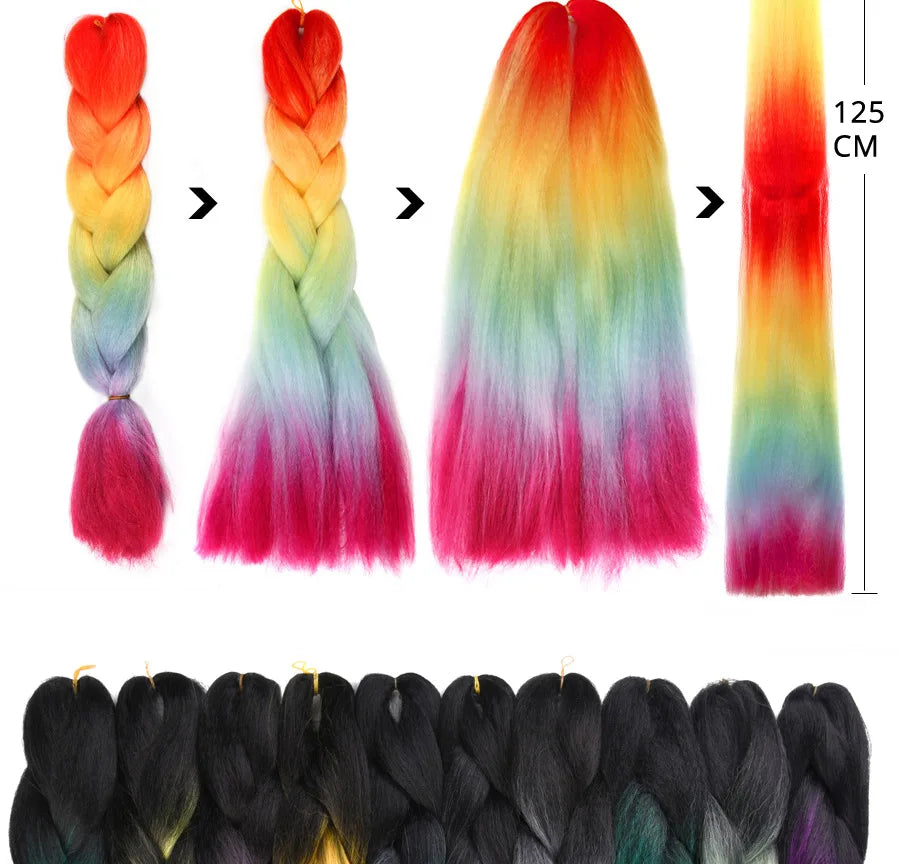 24'' 100G Synthetic Jumbo Braiding Hair Ombre Rainbow Hair Extensions Festival Jumbo Crochet Hair Weaving Box Braids Hairpieces