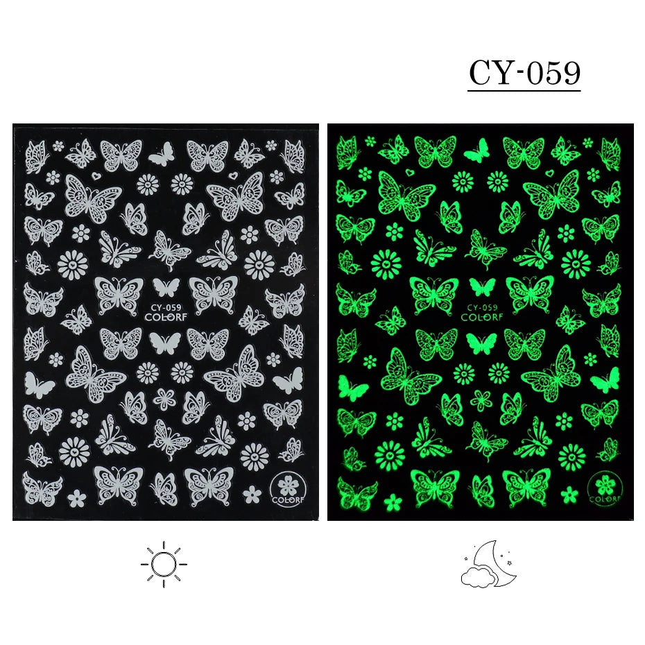 1pcs 3D Luminous Nail Stickers Flame Butterfly Star Moon Glitter Design Glow in The Dark Slider Manicure Decorations JICY028-036