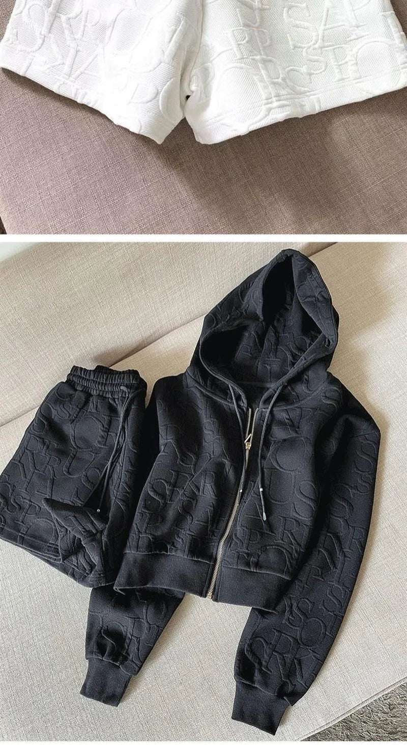 2 Piece Sets Womens Outfits Spring Fashion Skinny Hooded Short Jacket and Shorts Knitted Jacquard Designer Fall Women Clothing