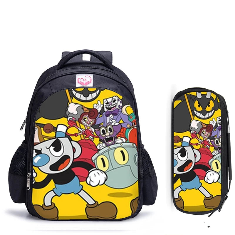 16 Inch Cuphead Game Mugman Children Backpack Lovely Schoolbag Boys and Girls Orthopedic Backpack Pencil Bag Sets