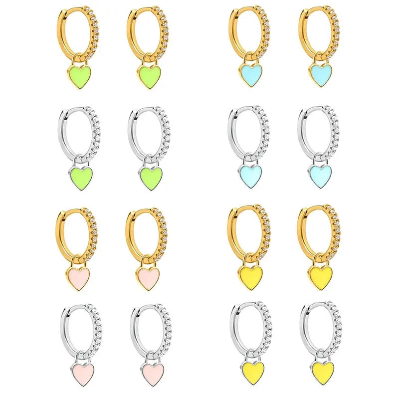 Aide Silver Color Hoop Earrings With Cute Candy Neon Color Enamel Heart Charm Drop Earring Gold Color For Girls Party Jewelry