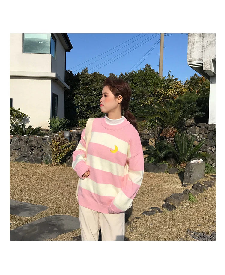 Women's Sweaters Kawaii Ulzzang College Candy Color Stripes Moon Sets Embroidery Sweater Female Harajuku Clothing For Women