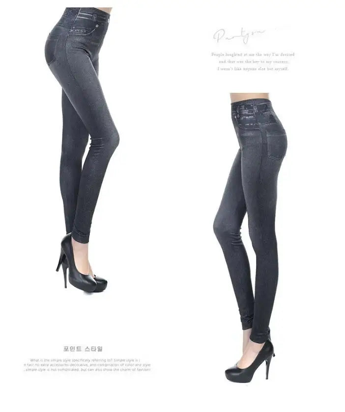 2023 Women's Spring and Summer Tight Imitation Jeans, Smart Slim Fashion, Large Tight Pants, False Pocket Women's Fitness Pants