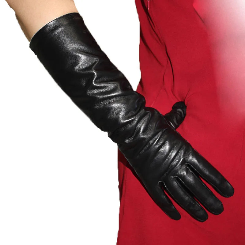 Touch Screen Extra Long Leather Sheepskin Gloves Women's Black Fashion Simple Straight Style Velvet Lining Winter Warm Sleeve