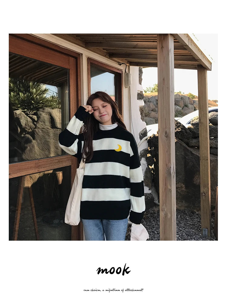 Women's Sweaters Kawaii Ulzzang College Candy Color Stripes Moon Sets Embroidery Sweater Female Harajuku Clothing For Women