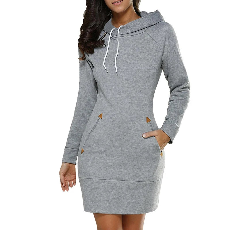 Women‘s Knee-Length Pockets Dress Hooded Warm Sweat Shirt Long Sleeve Side Zip Neckline Simple Casual Sports Skirt Viralgem Store