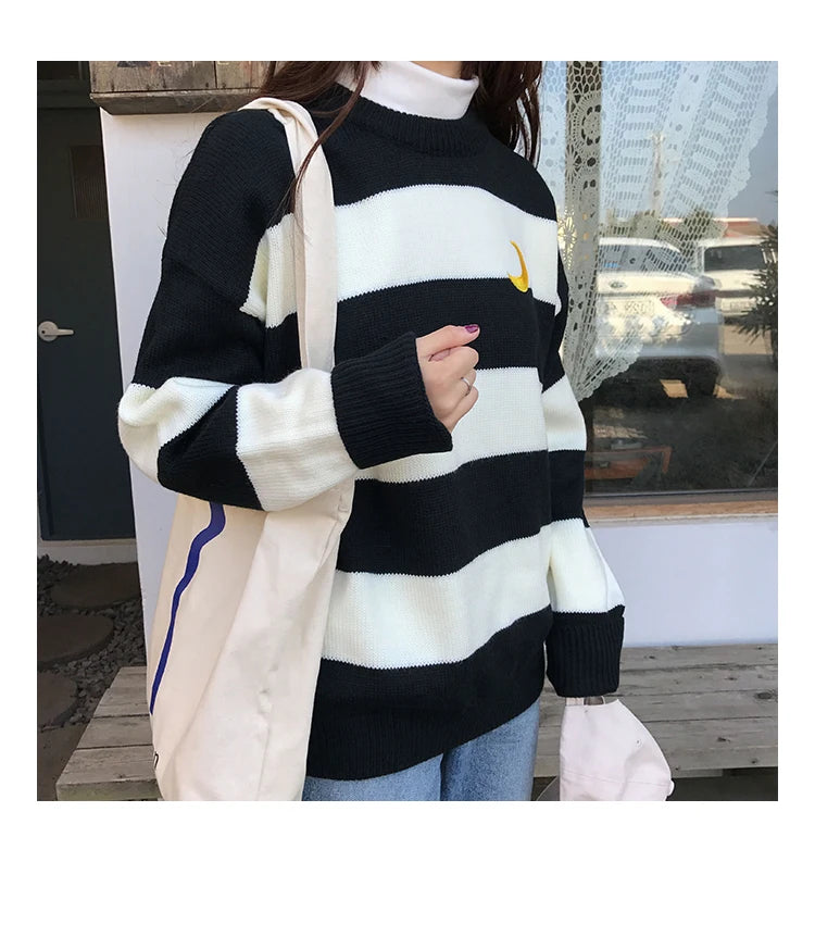 Women's Sweaters Kawaii Ulzzang College Candy Color Stripes Moon Sets Embroidery Sweater Female Harajuku Clothing For Women