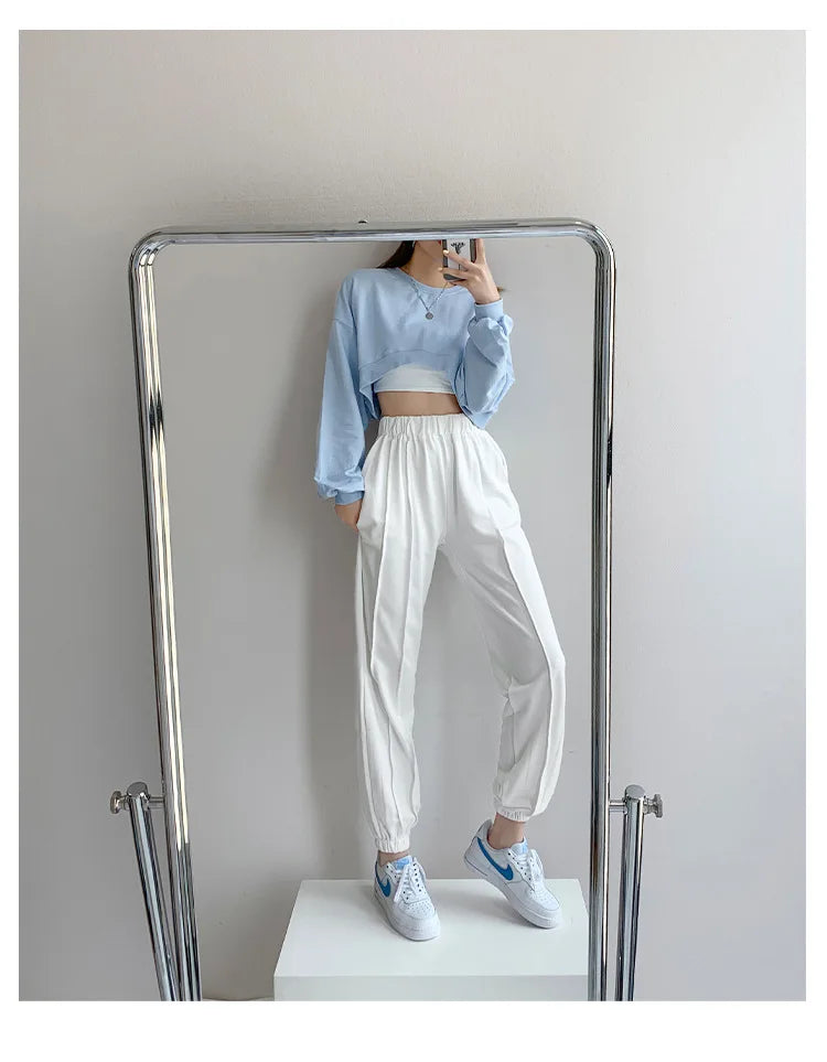 Women Short Sweatshirts Autumn Ladies Korean O-Neck Long Sleeve Solid Color Bare Navel Cropped Loose Pullover Top