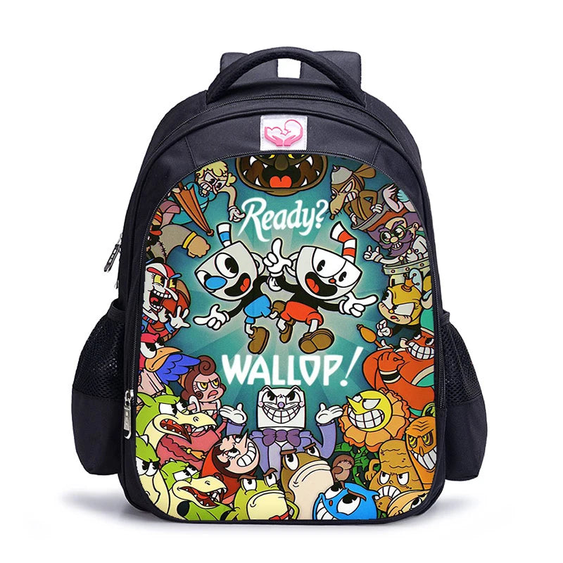 16 Inch Cuphead Game Mugman Children Backpack Lovely Schoolbag Boys and Girls Orthopedic Backpack Pencil Bag Sets