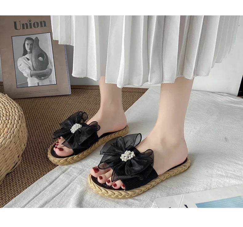 Women Summer Slippers Online Celebrity Slippers Ins New Joker Korean Fairy Wind Mesh Bow Word Drag Breathable Wear-resistant
