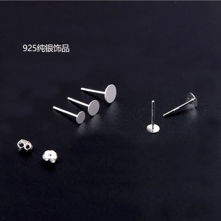 10pcs Real Solid 925 Sterling Silver Earring Stud Needle Post Flat Base Pins 5 6 mm Earring Cabochon DIY Jewelry Making Findings
