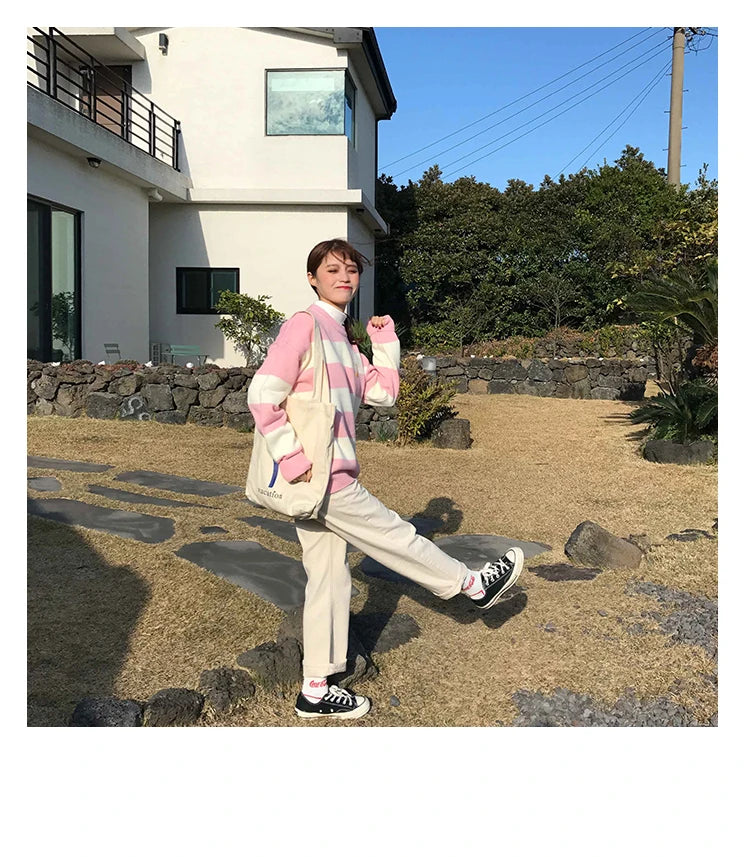 Women's Sweaters Kawaii Ulzzang College Candy Color Stripes Moon Sets Embroidery Sweater Female Harajuku Clothing For Women
