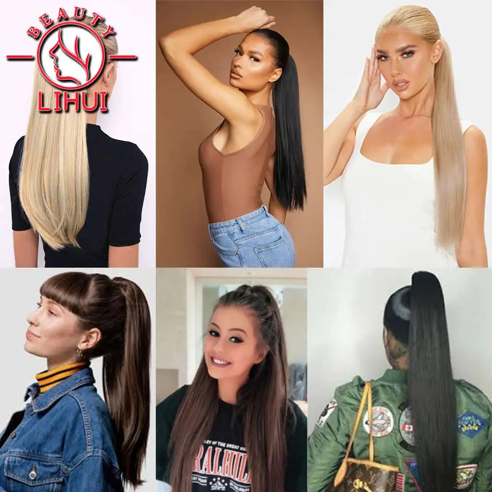 22" Synthetic Women Claw on Ponytail Clip in Hair Extensions Straight Style Pony Tail Hairpiece Ombre Brown Blonde Viralgem Store