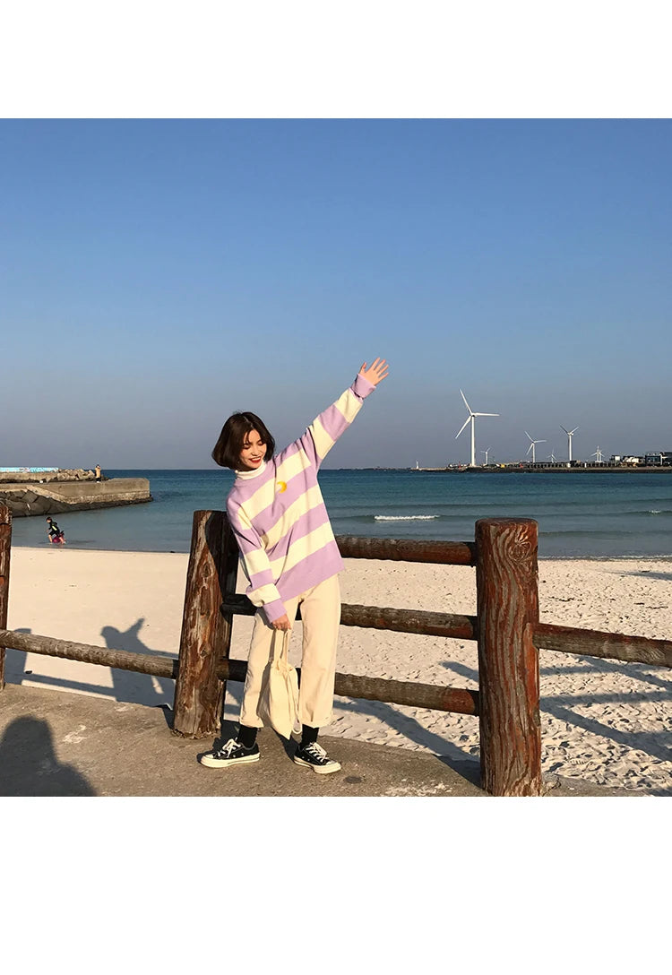 Women's Sweaters Kawaii Ulzzang College Candy Color Stripes Moon Sets Embroidery Sweater Female Harajuku Clothing For Women