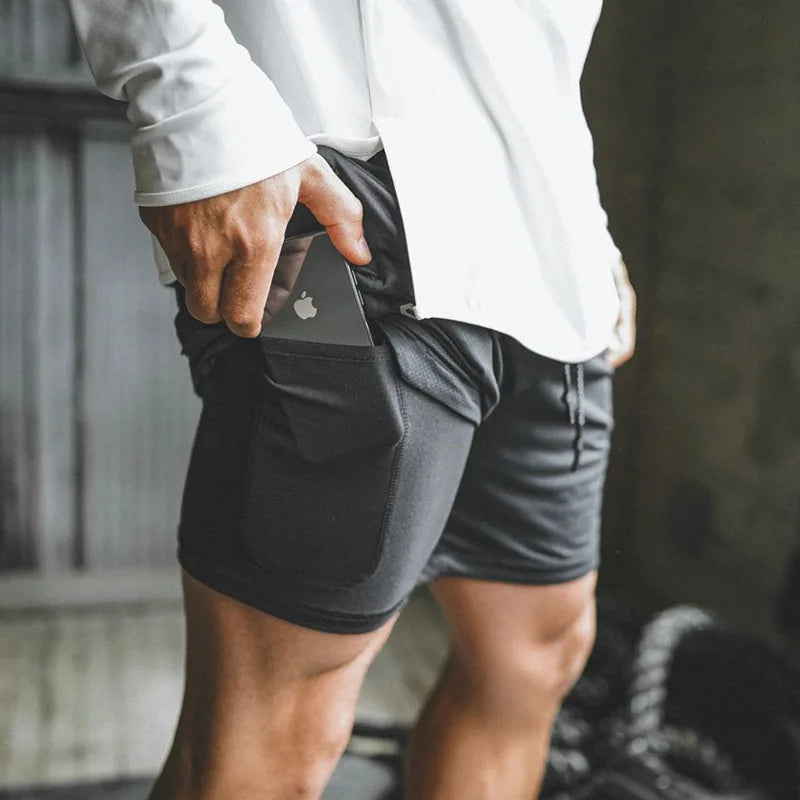 2024 European Men's Sports Summer New Double Layer Mobile Phone Pants Gym Exercise Jogging Training Shorts