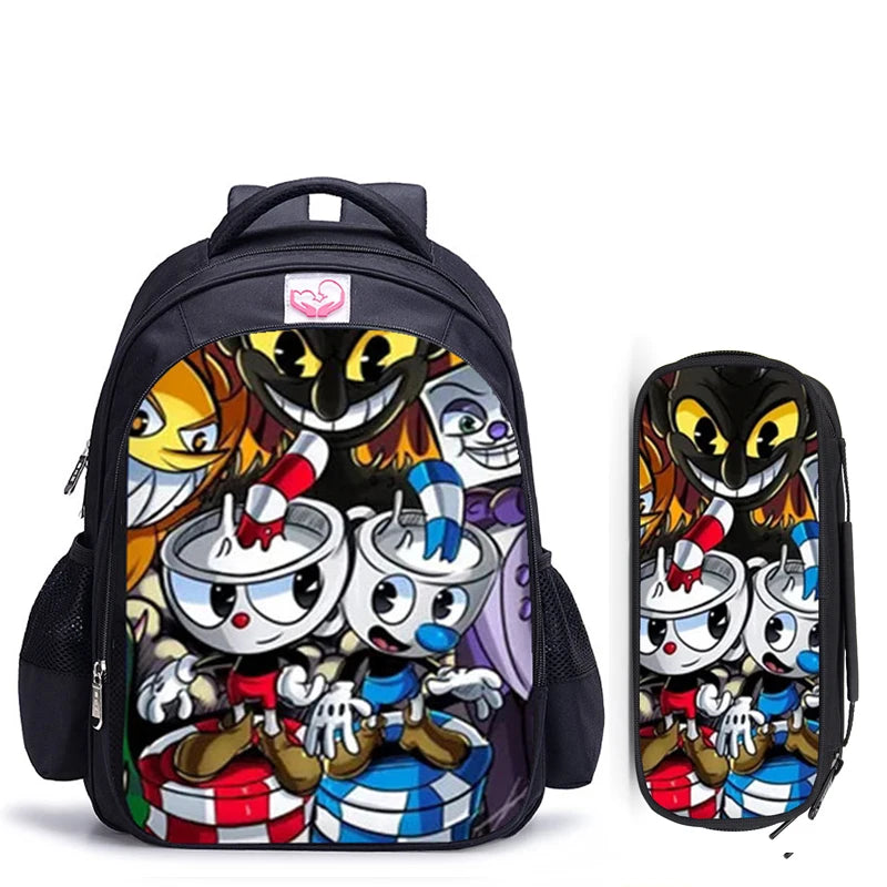 16 Inch Cuphead Game Mugman Children Backpack Lovely Schoolbag Boys and Girls Orthopedic Backpack Pencil Bag Sets
