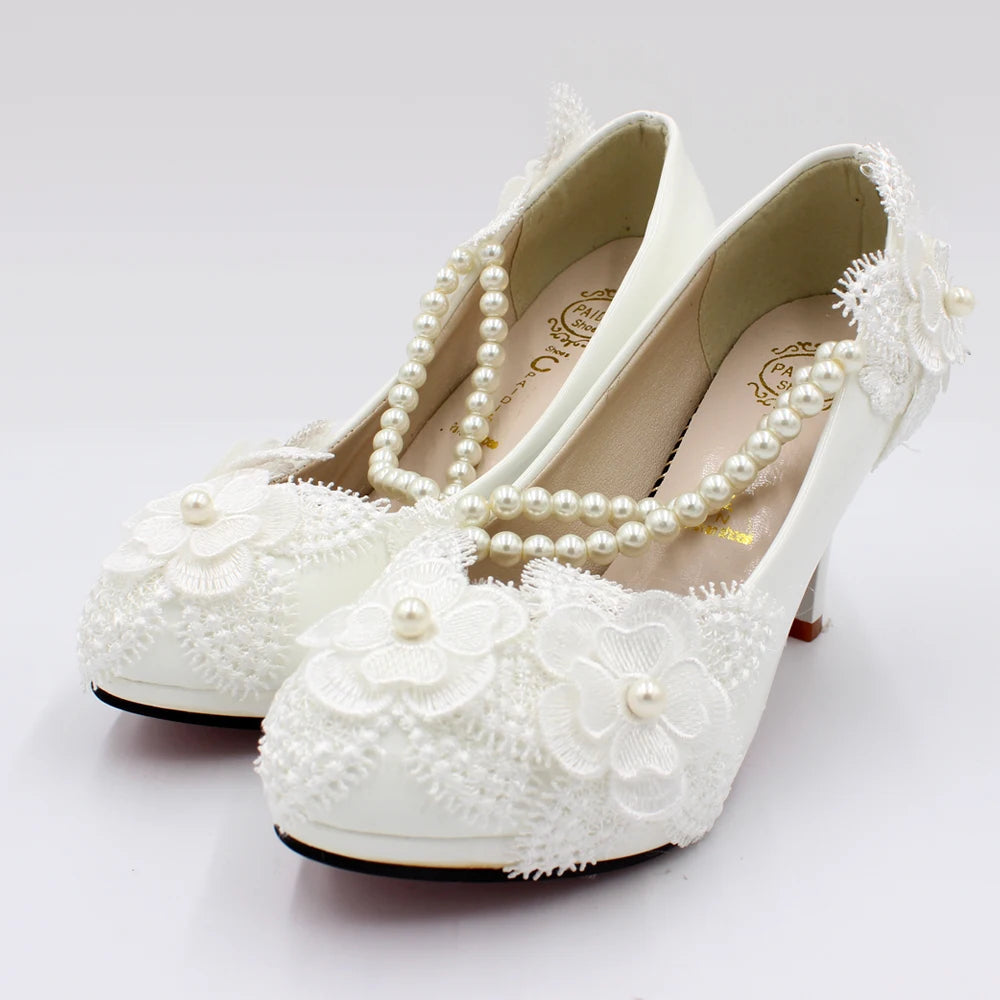 Spring and summer new high-heeled women's shoes white bridal shoes elastic beads flowers handmade wedding shoes made in China Viralgem Store