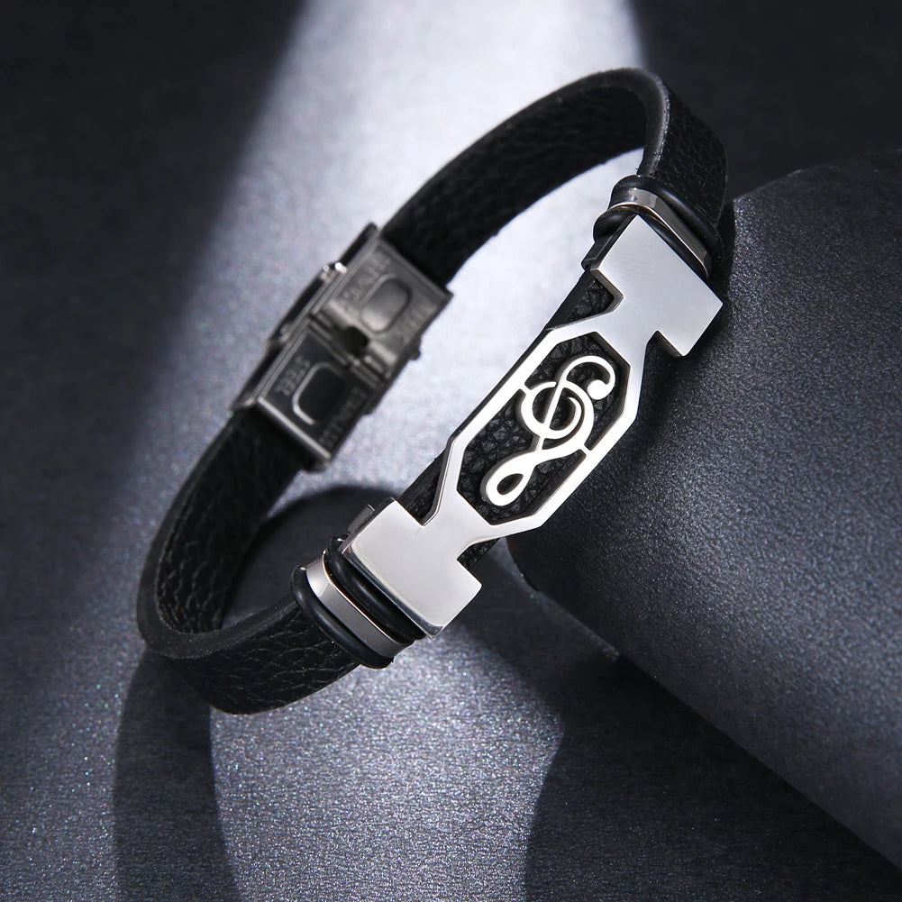 2024 Trend Personalized Jewelry Titanium Steel Leather Bracelet Men Vintage Stainless Steel Music Symbol Cuff Bracelet Pulsera H Viralgem Store