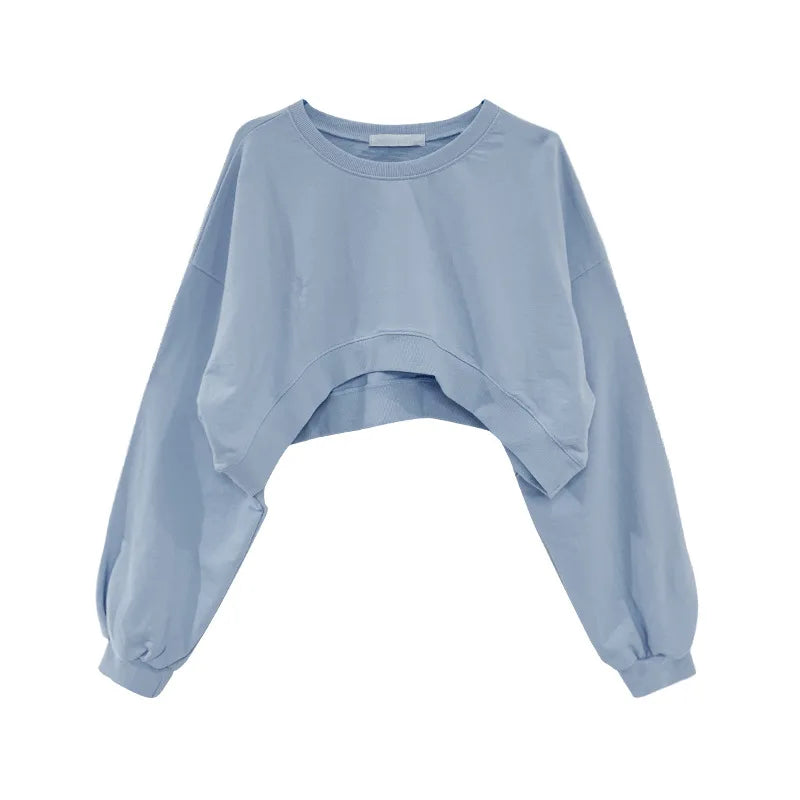 Women Short Sweatshirts Autumn Ladies Korean O-Neck Long Sleeve Solid Color Bare Navel Cropped Loose Pullover Top