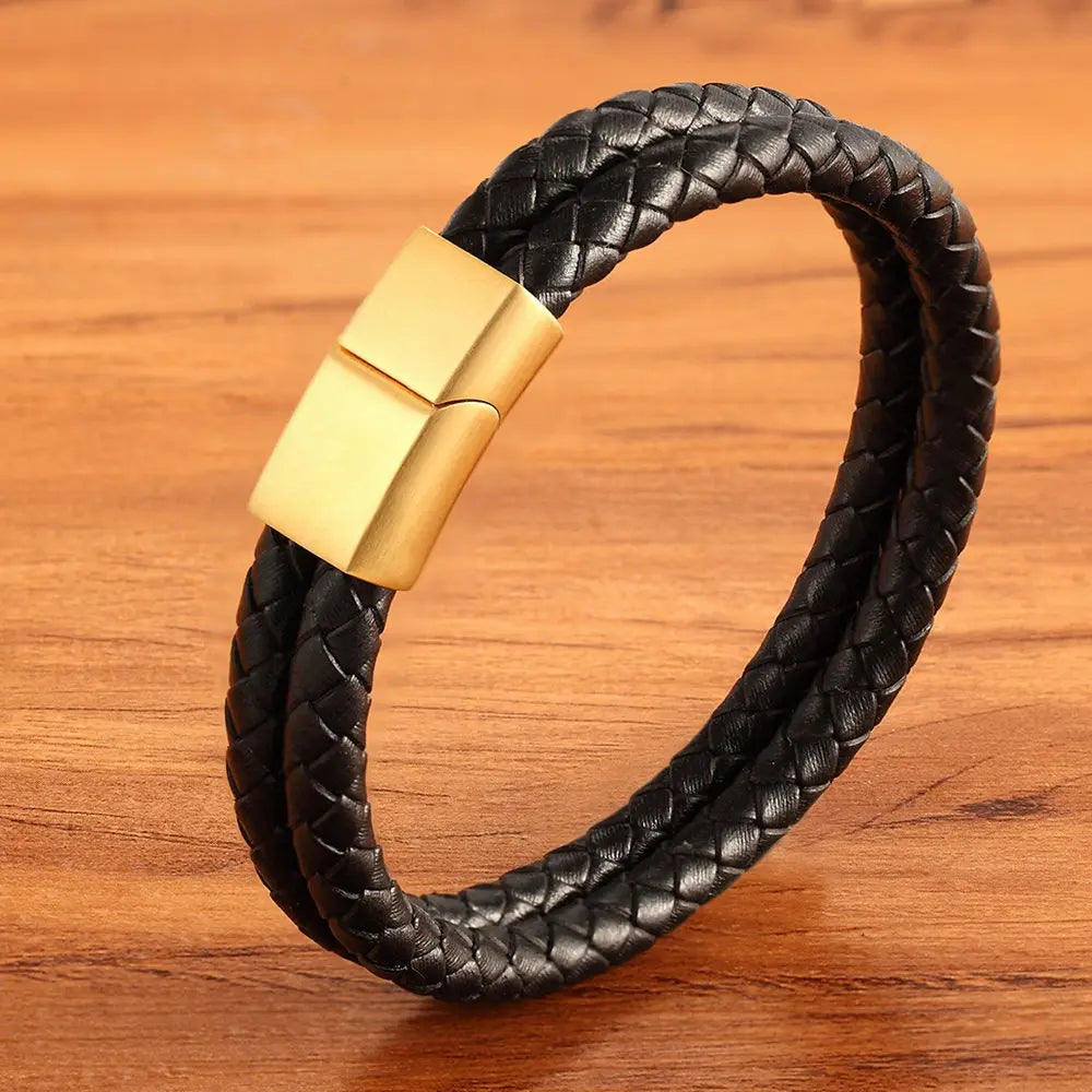 XQNI 11.11 Double Leather Combination Men's Stainless Steel Bracelet Three Color Button Selection Fashion Gift For Men Jewelry