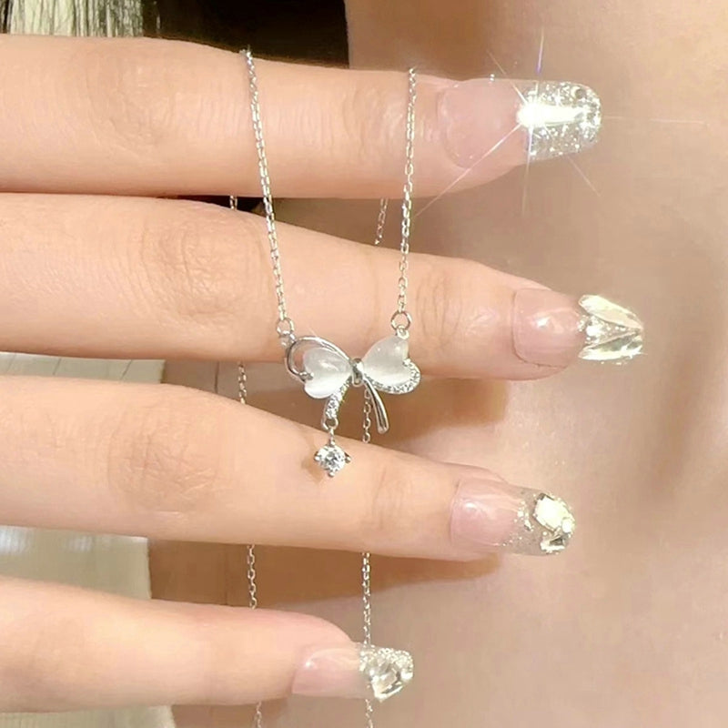Sweet Cute Shiny Zircon Star Pendant Necklace Korean Fashion Elegant Girls Women Bow Knot Round Crystal Clavicle Chain Jewelry