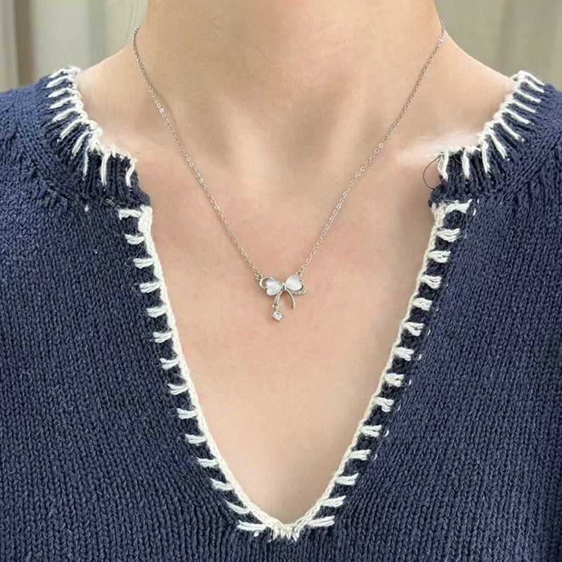 Sweet Cute Shiny Zircon Star Pendant Necklace Korean Fashion Elegant Girls Women Bow Knot Round Crystal Clavicle Chain Jewelry