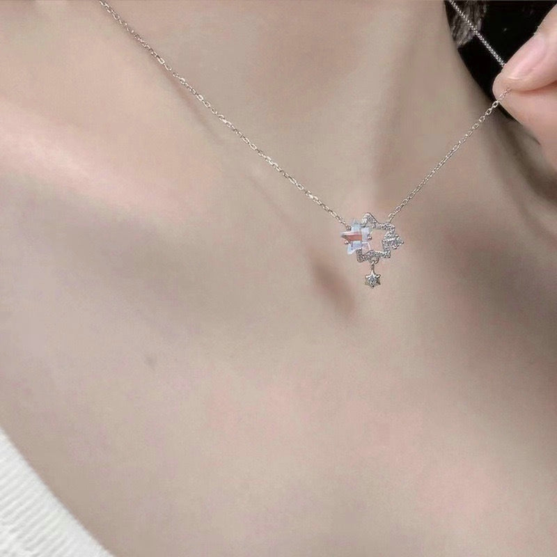 Sweet Cute Shiny Zircon Star Pendant Necklace Korean Fashion Elegant Girls Women Bow Knot Round Crystal Clavicle Chain Jewelry