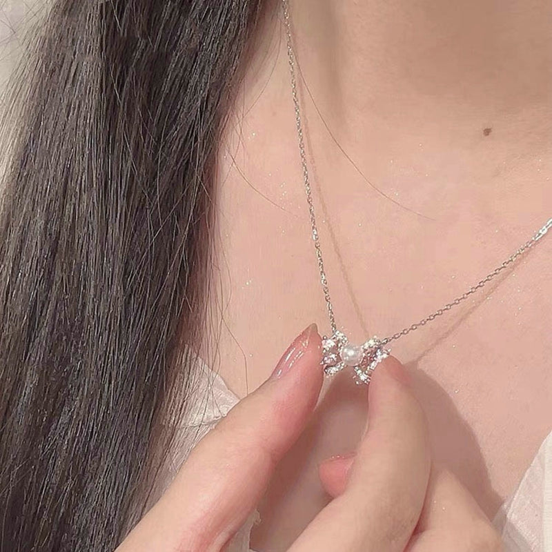 Sweet Cute Shiny Zircon Star Pendant Necklace Korean Fashion Elegant Girls Women Bow Knot Round Crystal Clavicle Chain Jewelry