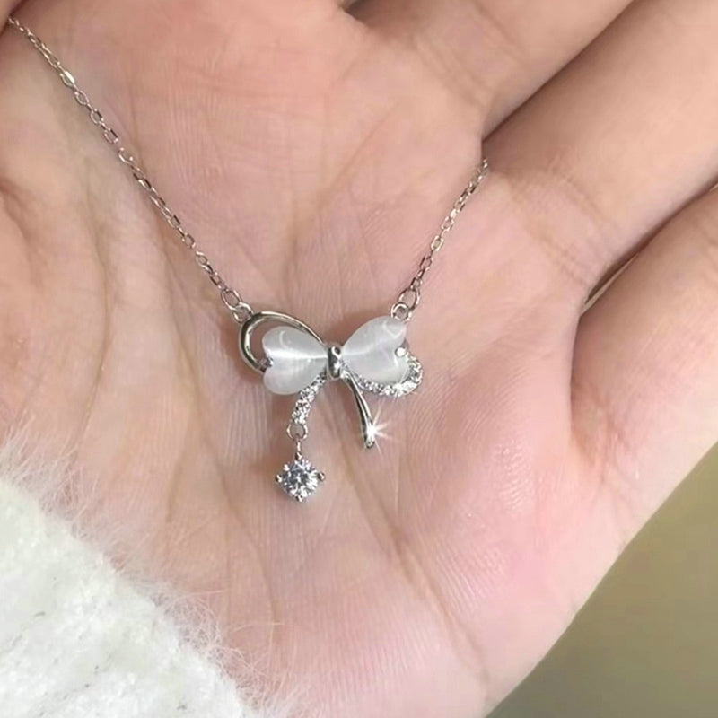 Sweet Cute Shiny Zircon Star Pendant Necklace Korean Fashion Elegant Girls Women Bow Knot Round Crystal Clavicle Chain Jewelry