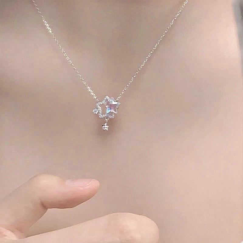 Sweet Cute Shiny Zircon Star Pendant Necklace Korean Fashion Elegant Girls Women Bow Knot Round Crystal Clavicle Chain Jewelry