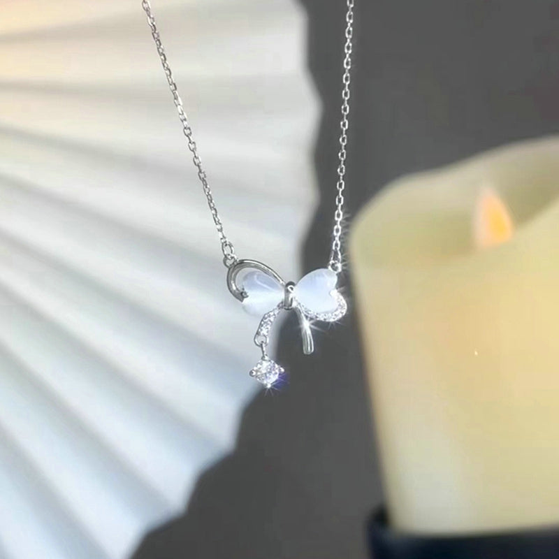 Sweet Cute Shiny Zircon Star Pendant Necklace Korean Fashion Elegant Girls Women Bow Knot Round Crystal Clavicle Chain Jewelry