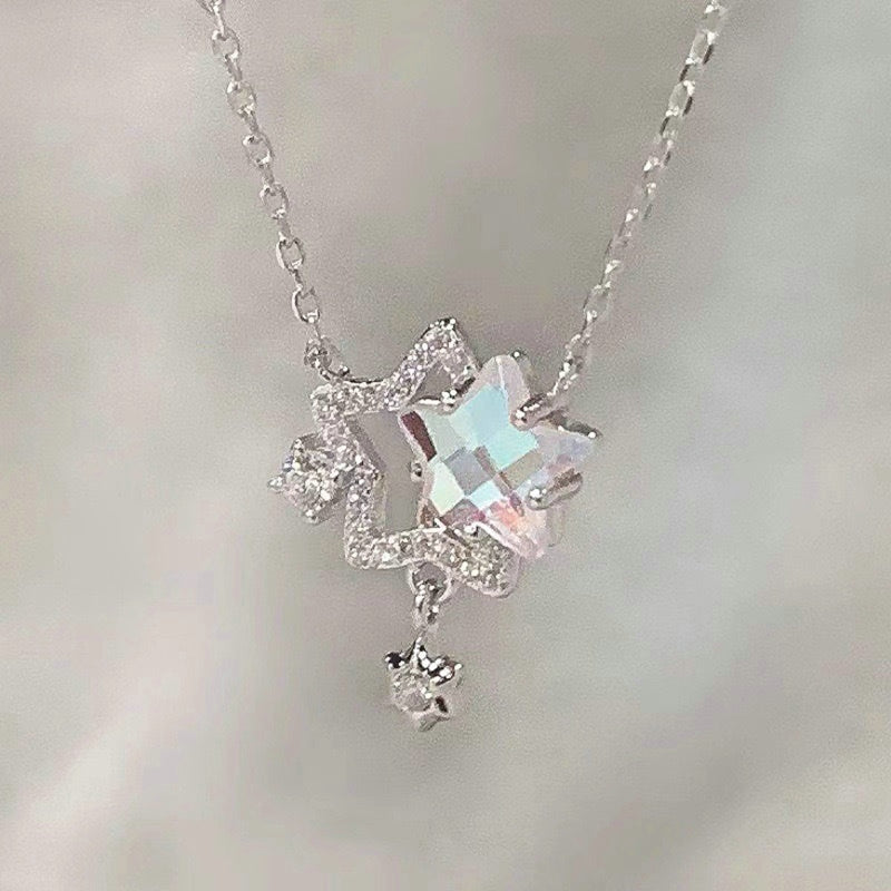 Sweet Cute Shiny Zircon Star Pendant Necklace Korean Fashion Elegant Girls Women Bow Knot Round Crystal Clavicle Chain Jewelry