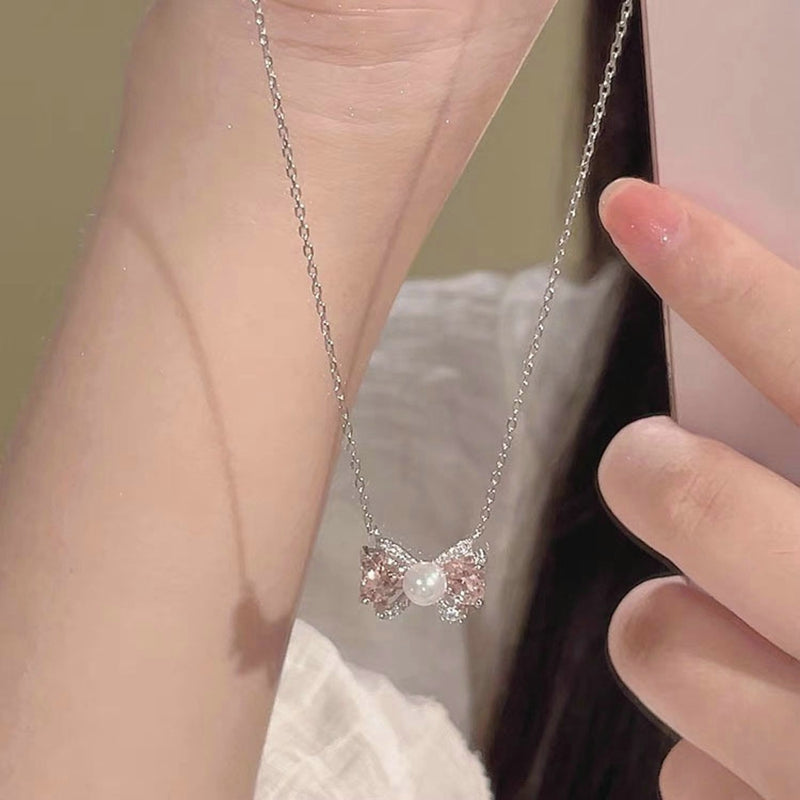 Sweet Cute Shiny Zircon Star Pendant Necklace Korean Fashion Elegant Girls Women Bow Knot Round Crystal Clavicle Chain Jewelry