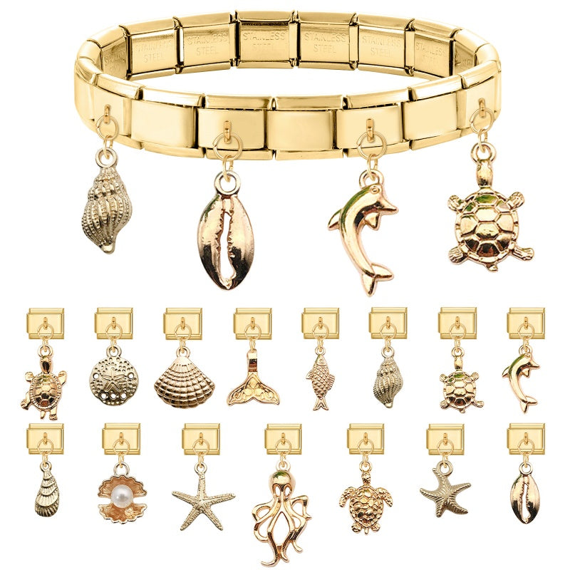Vintage Golden Sea Shell Conch Starfish Dolphin Turtles Pendant Bead Fit 9mm Italian Charm Bracelet Stainless Steel DIY Making