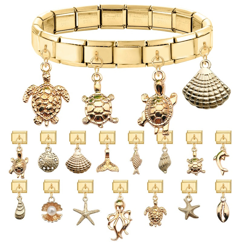 Vintage Golden Sea Shell Conch Starfish Dolphin Turtles Pendant Bead Fit 9mm Italian Charm Bracelet Stainless Steel DIY Making