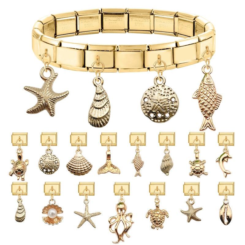 Vintage Golden Sea Shell Conch Starfish Dolphin Turtles Pendant Bead Fit 9mm Italian Charm Bracelet Stainless Steel DIY Making