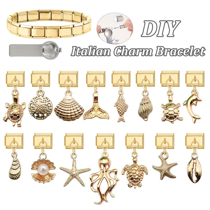 Vintage Golden Sea Shell Conch Starfish Dolphin Turtles Pendant Bead Fit 9mm Italian Charm Bracelet Stainless Steel DIY Making