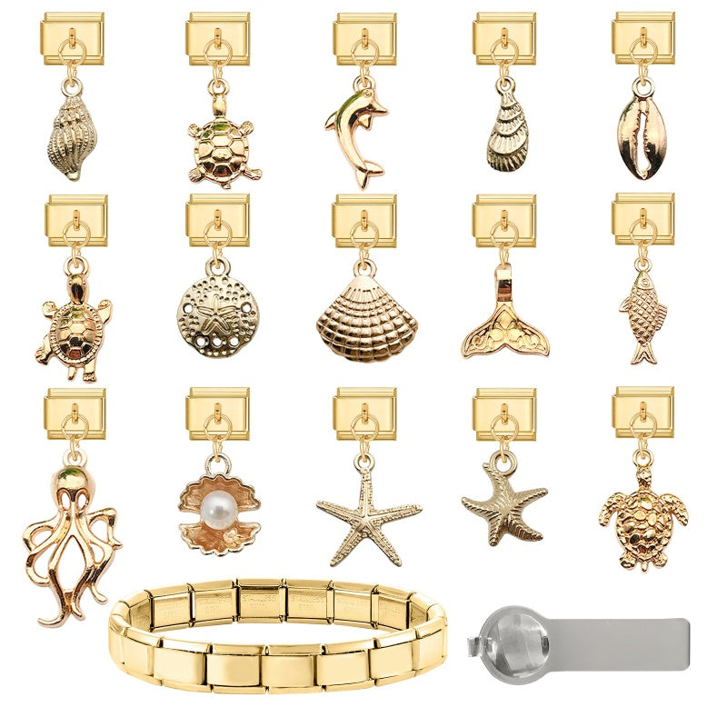 Vintage Golden Sea Shell Conch Starfish Dolphin Turtles Pendant Bead Fit 9mm Italian Charm Bracelet Stainless Steel DIY Making