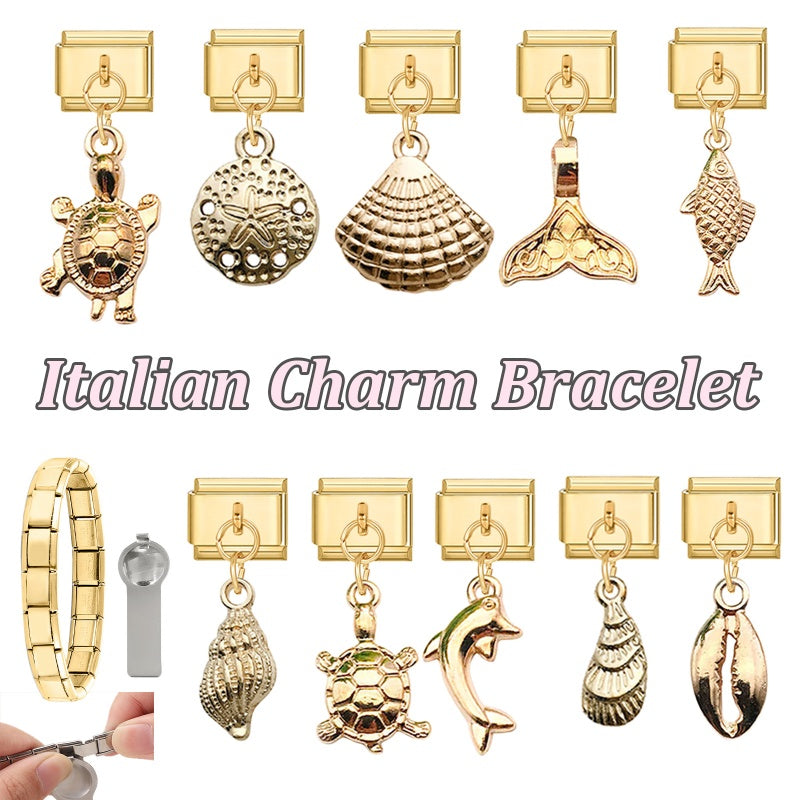 Vintage Golden Sea Shell Conch Starfish Dolphin Turtles Pendant Bead Fit 9mm Italian Charm Bracelet Stainless Steel DIY Making