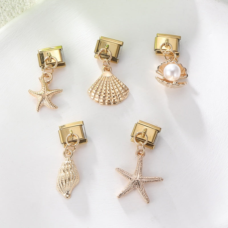 Vintage Golden Sea Shell Conch Starfish Dolphin Turtles Pendant Bead Fit 9mm Italian Charm Bracelet Stainless Steel DIY Making
