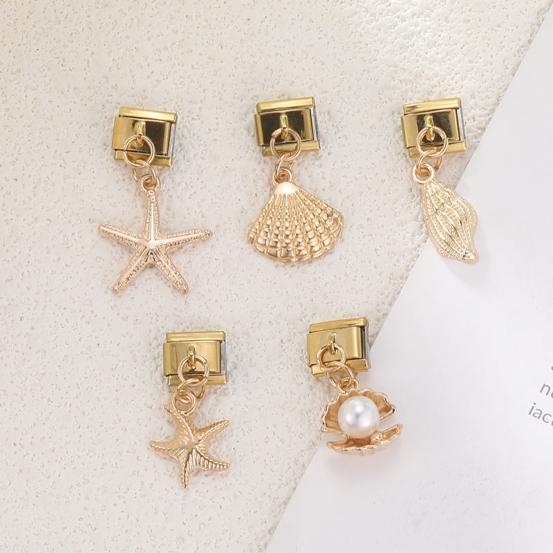 Vintage Golden Sea Shell Conch Starfish Dolphin Turtles Pendant Bead Fit 9mm Italian Charm Bracelet Stainless Steel DIY Making