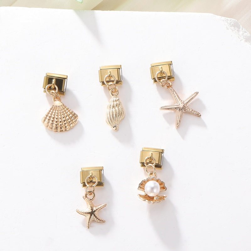 Vintage Golden Sea Shell Conch Starfish Dolphin Turtles Pendant Bead Fit 9mm Italian Charm Bracelet Stainless Steel DIY Making