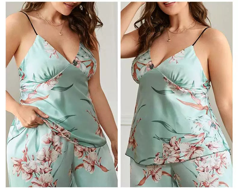 100.00kg Plus Size Ladies Plus Size Ice Silk Pajamas Fat Women plus Size Pajamas Set 2pcs 5x