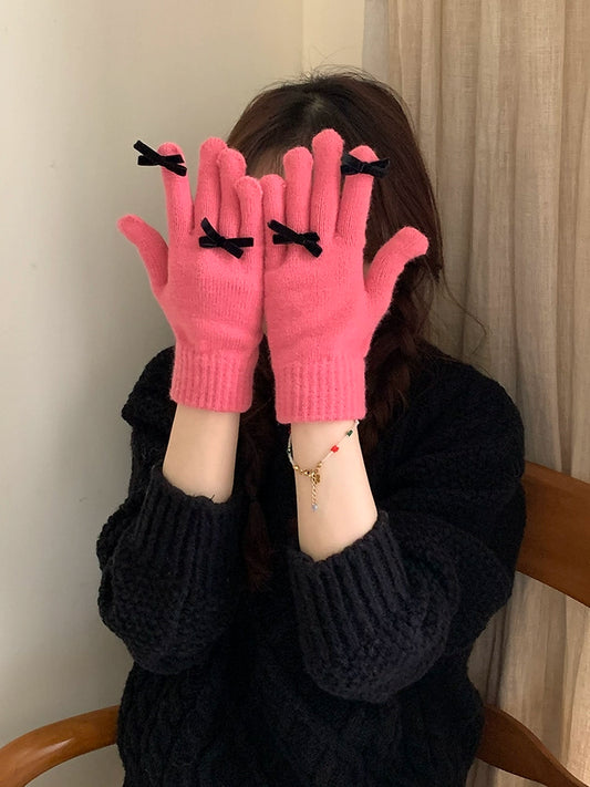 South Korea Cute Ins Style Women's Five-Finger Gloves Bow