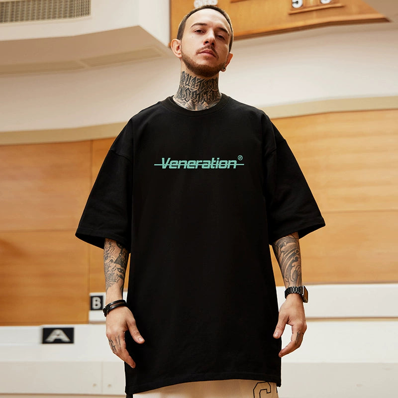 300G Heavy Weight American Letter Print Short-Sleeve T-shirt Street Plus Size Black round Neck Cotton Simple Half Sleeve Men's Fashion