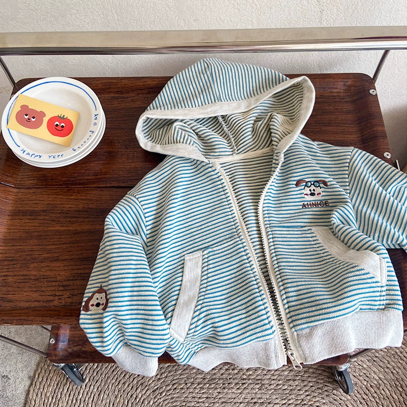 Stripes Knitting Hooded Spring and Autumn Pure Cotton Zipper Outwear