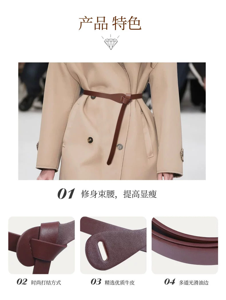 Women's Woolen Sweater Accessories Leather Coffee Color Lengthened Belt