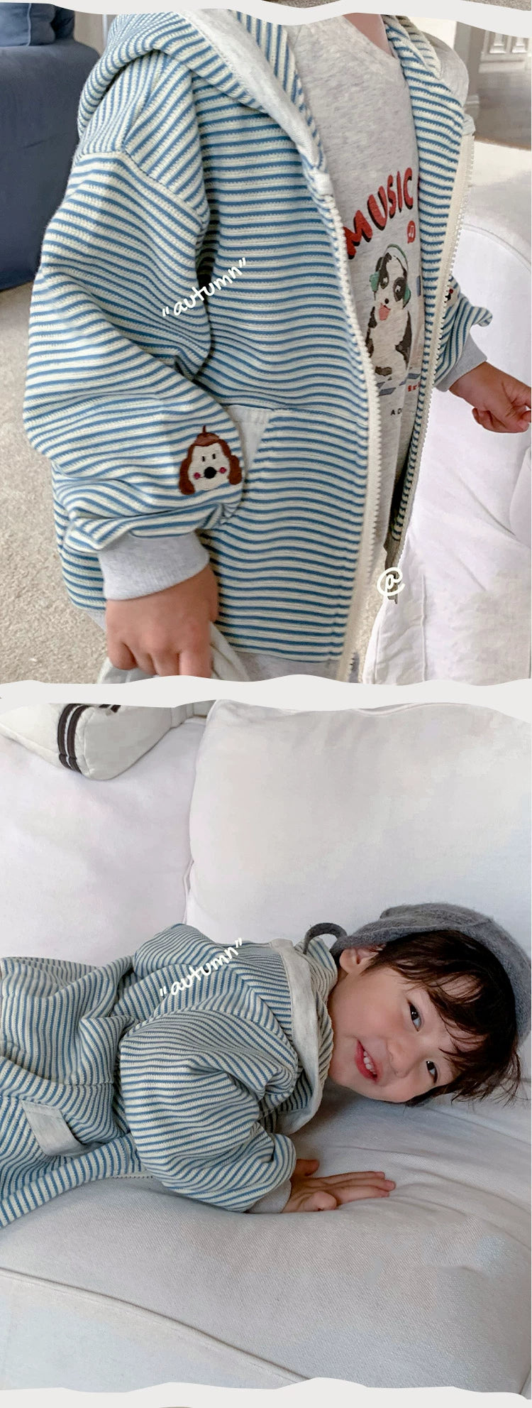 Stripes Knitting Hooded Spring and Autumn Pure Cotton Zipper Outwear