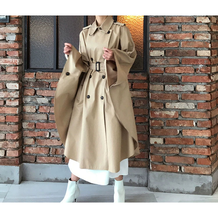 South Korea Genuine Goods Luxury Socialite Pure Color Double Breasted Lapel Lace-up Waist Cloak Shawl Long Trench Coat Large Nude Color Viralgem Store
